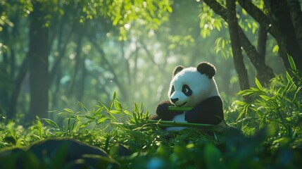 Panda eating bamboo, sunlit forest