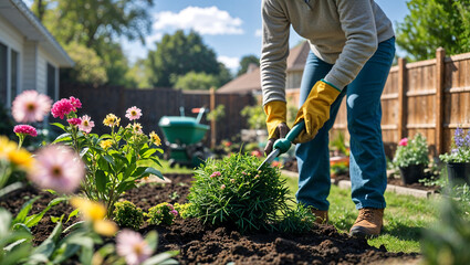 Home Gardener Digging Soil in Backyard with Yellow Gloves on a Sunny Day