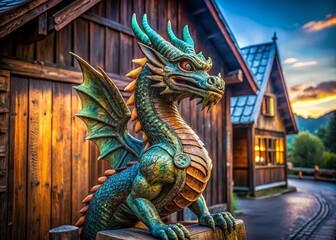 Fototapeta premium Scandinavian Dragon Statue Rustic Wooden Building Exterior Candid Photo