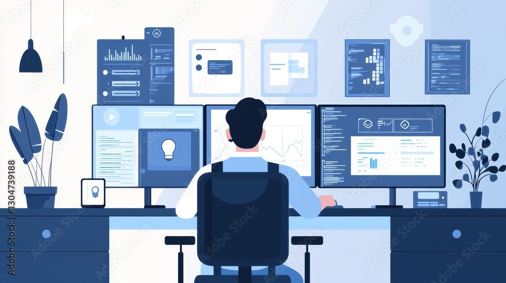 Poster modern workspace with multiple monitors and data visualization for digital professionals creating in