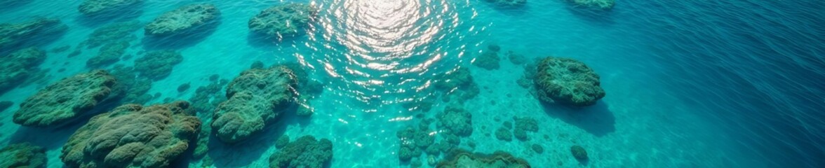 Fototapeta premium A tranquil top-down view of sun-kissed sea waves with vibrant coral reefs below, underwater, surface