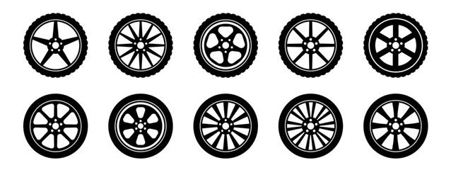 Car wheel icons set. Black wheel tires silhouette collection. Auto wheel disks. Black rubber wheel tire set icon. © stoker