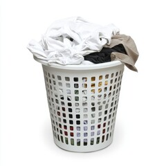 Overflowing Laundry Basket White Plastic Hamper Filled with Clothes Ready for Washing