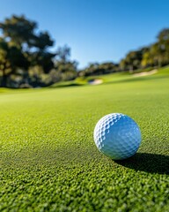 Fototapeta premium Golf ball resting on vibrant green course under clear blue sky in serene outdoor setting for sport recreation
