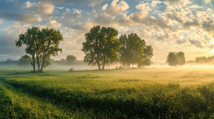 Fototapeta premium Morning mist blankets a serene landscape with lush greenery and gentle sunlight in a peaceful rural setting