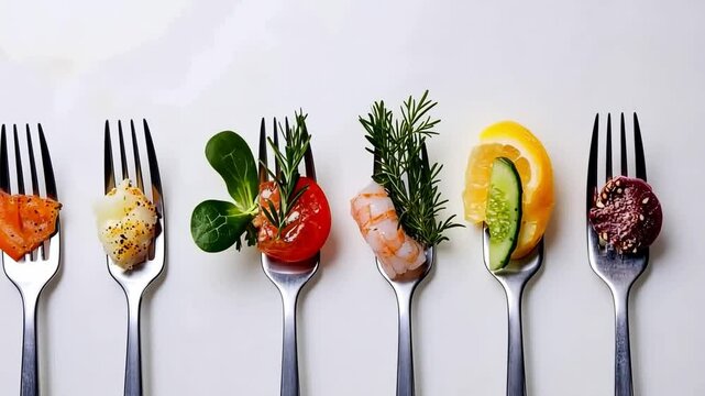 An artistic arrangement of fresh food items on forks presents a unique culinary style. Perfect for food lovers and culinary enthusiasts. Generative AI
