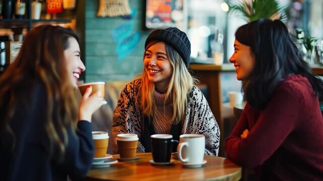 This video captures the joy of friendship over coffee. Three women engage in lively conversation. The cafe setting enhances the warm and inviting vibe. Generative AI