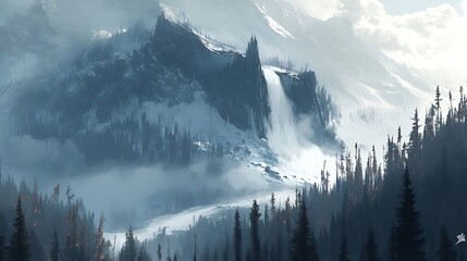 Majestic waterfall cascading down snowy mountainside, mist shrouding evergreen forest.