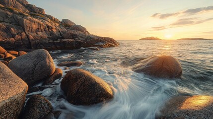 Obraz premium Sunset over rocky coastline with waves crashing against stones in a serene ocean landscape capturing nature's beauty at golden hour