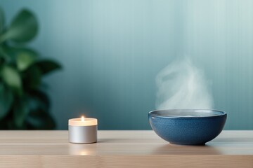 Warm steam rises from bowl, creating serene atmosphere alongside