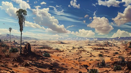 Arid Desert Landscape with Clouds and Palms Under Blue Sky and Distant Mountains