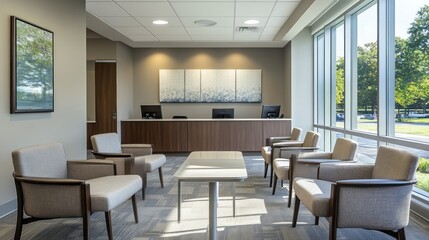 Modern medical office waiting area with large windows overlooking park
