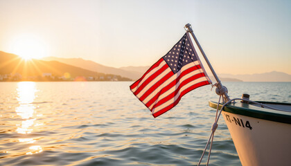 American flag waving on fishing boat at sunrise, patriotic symbolism
