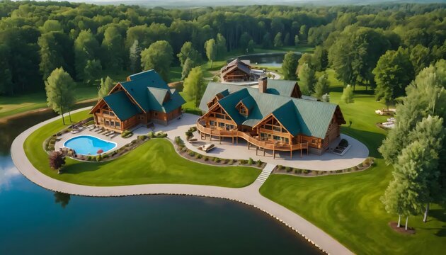 Luxurious Log Cabin Estate Aerial View Green Roof Pool Lakeside Property