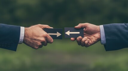 Businessmen Exchanging Cards with Opposite Arrows Symbolizing Divergent Paths and Choices