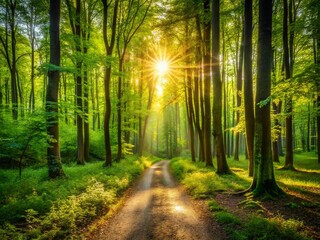 Fototapeta premium Serene Forest Path: Sunlight Dappled Trees & Peaceful Nature Scene
