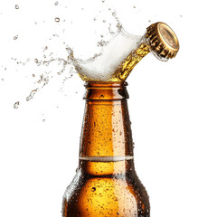 open a beer bottle beer splash the cap bounces off, isolated on white background