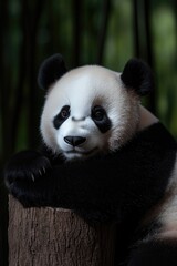 Obraz premium Gentle panda rests on log, surrounded by lush greenery, exuding