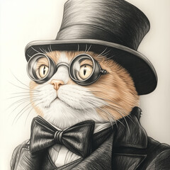 funny cartoon gentleman cat in a top hat and glasses
