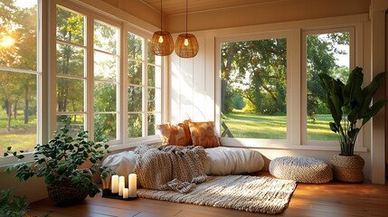 Obraz premium modern home decor bohemian color palette. A cozy sunlit corner with large windows, soft cushions, and plants, creating a warm and inviting atmosphere for relaxation.