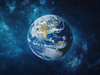 Fototapeta premium Earth from Space View of Planet with North and South America in Deep Blue Starry Galaxy