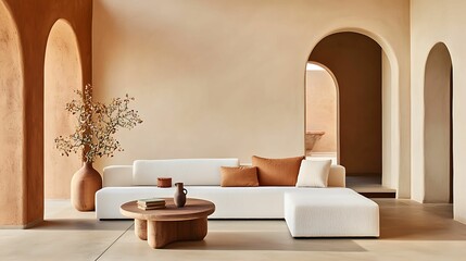 Fototapeta premium modern home decor bohemian color palette. A modern living room with a minimalist design, featuring a white sectional sofa, earthy tones, and elegant decor in a spacious, archway-framed layout.