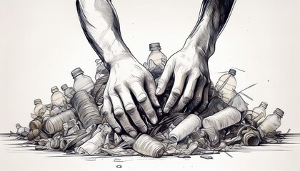 Individual sorting through a pile of plastic waste, promoting environmental awareness and care.