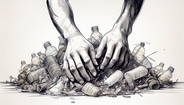 Individual sorting through a pile of plastic waste, promoting environmental awareness and care.