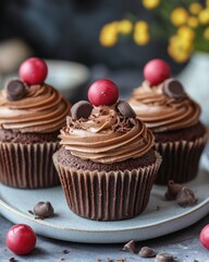 Delicious chocolate cupcakes with creamy frosting and red cherry on a plate dark background food photography