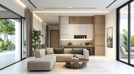 Fototapeta premium modern home decor bohemian color palette. A modern living room featuring minimalist design, natural light, a large sofa, and greenery, creating a cozy and inviting atmosphere.