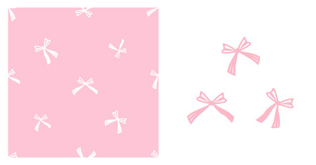 Seamless pattern with ribbon bows on pink background. Ribbon bow set isolated on white background vector.