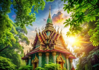 Obraz premium Serene Paradise: Double Exposure of Thai Temple and Lush Treetop