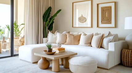 Fototapeta premium modern home decor bohemian color palette. A stylish, modern living room with a white sofa, neutral decor, and greenery, featuring framed art and a cozy atmosphere.