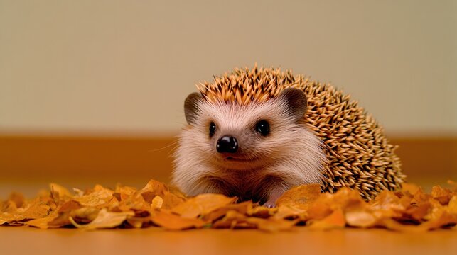 Small hedgehog surrounded by autumn leaves exudes charm and tran