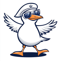 Cartoon logo of an elegant seagull wearing sunglasses, vibrant colors with playful design, perfect for branding and creative graphics.