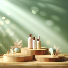 3D Podium empty stylish wood with beautiful morning sunlight with dappled light on blank green wall in background. Beauty, skincare, cosmetic products