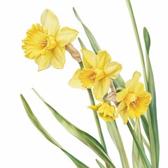 Vibrant Yellow Daffodils Watercolor Painting Spring Flowers Botanical Illustration
