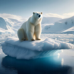 Majestic Arctic Bear in the Frigid Realm , Perched on an Iceberg, Radiating Grandeur and Solitary Beauty in the Vast Expanse of Ice 