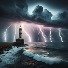  a dramatic and intense seascape featuring a tall, white lighthouse standing on a rocky shoreline amidst a powerful storm The sky is filled with dark, swirling clouds, and multiple bolts of lightning