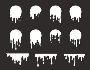 Melted milk or slime white drips, vector shapes set. Abstract melt silhouette.