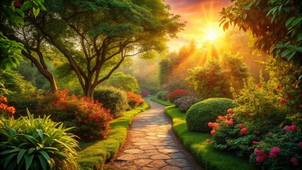 Serene Sunrise: Double Exposure Garden Path Stock Photo