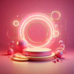 3d Geometric shape neon light with podium product display and circle ring on pink background. Abstract minimal geometric stage, platform bubble spheres for display product cosmetic