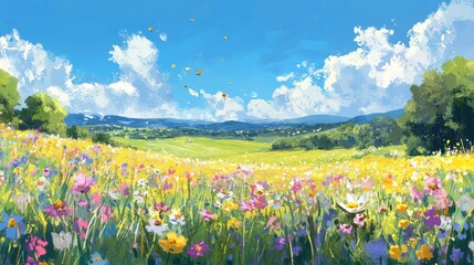 Fototapeta premium A beautiful spring meadow alive with the colors of wildflowers and buzzing bees, all glowing under the warmth of a sunny blue sky