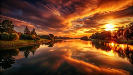Fototapeta premium Serene Sunset River: Golden Hour Landscape Photography
