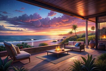 Fototapeta premium Serene Twilight Beach Panoramic: Ocean View from Patio - Stock Photo