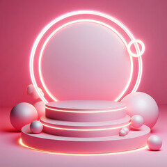 3d Geometric shape neon light with podium product display and circle ring on pink background. Abstract minimal geometric stage, platform bubble spheres for display product cosmetic