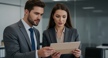 Two business professionals collaborating over a product sample in modern office