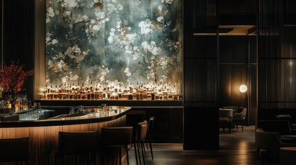 Modern bar interior with artwork, dark ambiance