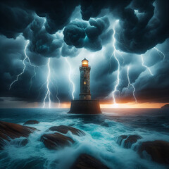  a dramatic and intense seascape featuring a tall, white lighthouse standing on a rocky shoreline amidst a powerful storm The sky is filled with dark, swirling clouds, and multiple bolts of lightning