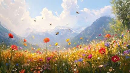 Obraz premium A sunny spring meadow filled with bees and wildflowers in bloom, with brilliant colors standing out against a soft blue sky